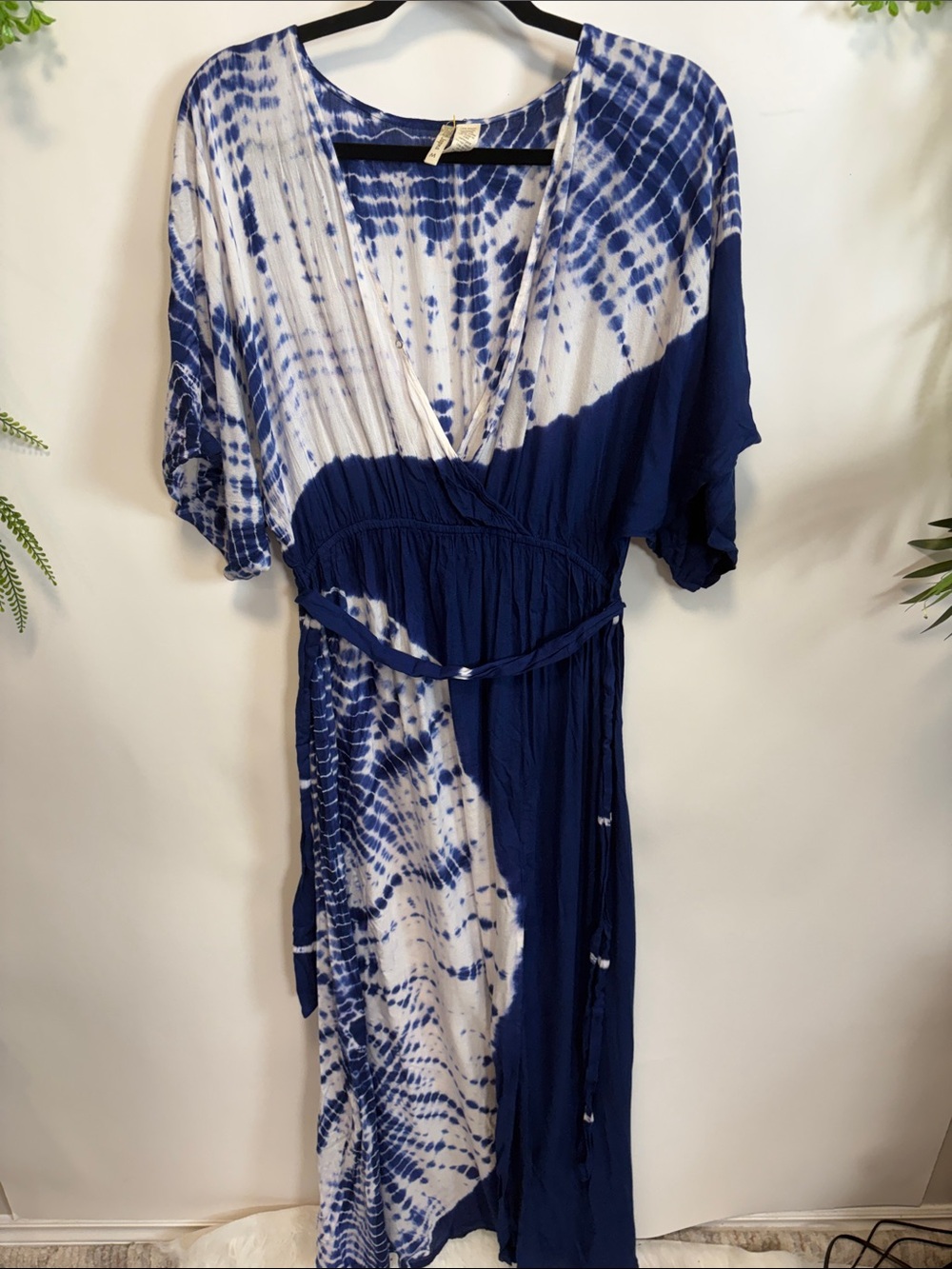 Japna Navy and White Tie-Dye Wrap Maxi Dress with Side Tie - Picture 7 of 15